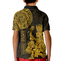 Custom Mexico Aztec Polo Shirt for Kid El Calendario Maya Mix Huitzilopochtli Gold - Wonder Print Shop