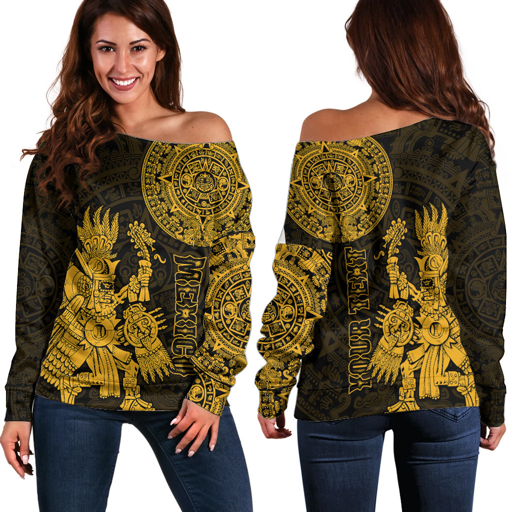 (Custom Personalised) Mexico Aztec Off Shoulder Sweater El Calendario Maya Mix Huitzilopochtli Gold - Wonder Print Shop