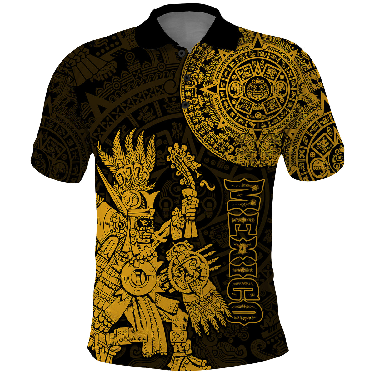 Custom Mexico Aztec Polo Shirt El Calendario Maya Mix Huitzilopochtli Gold - Wonder Print Shop