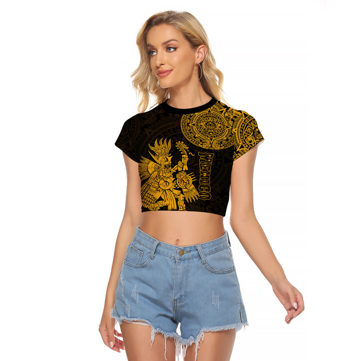 (Custom Personalised) Mexico Aztec Raglan Cropped T Shirt El Calendario Maya Mix Huitzilopochtli Gold - Wonder Print Shop