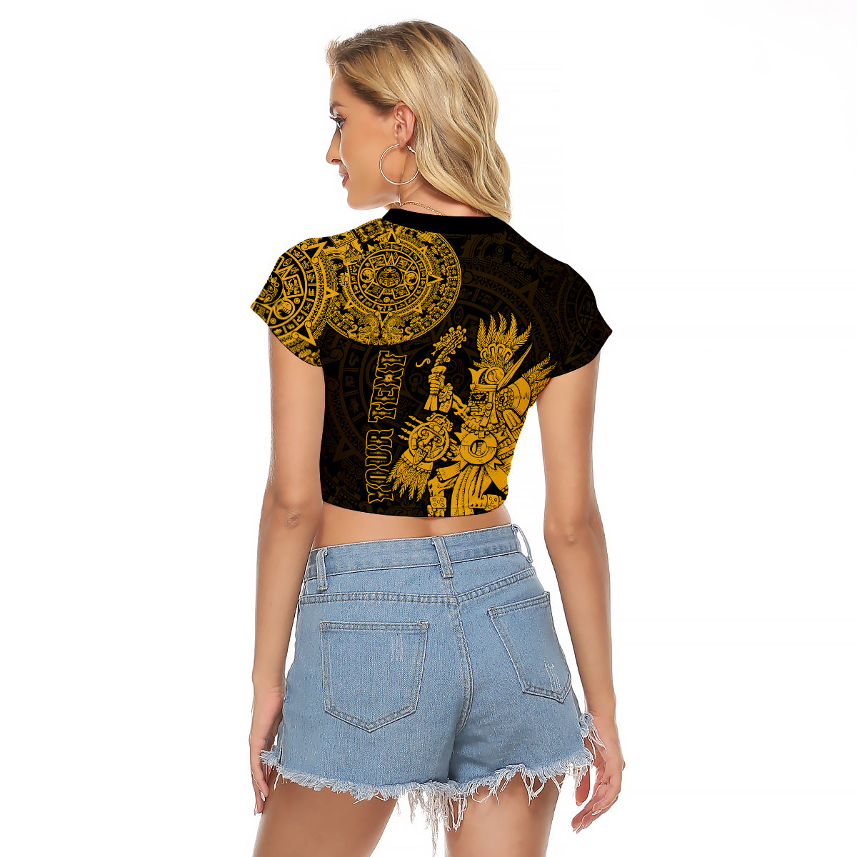 (Custom Personalised) Mexico Aztec Raglan Cropped T Shirt El Calendario Maya Mix Huitzilopochtli Gold - Wonder Print Shop