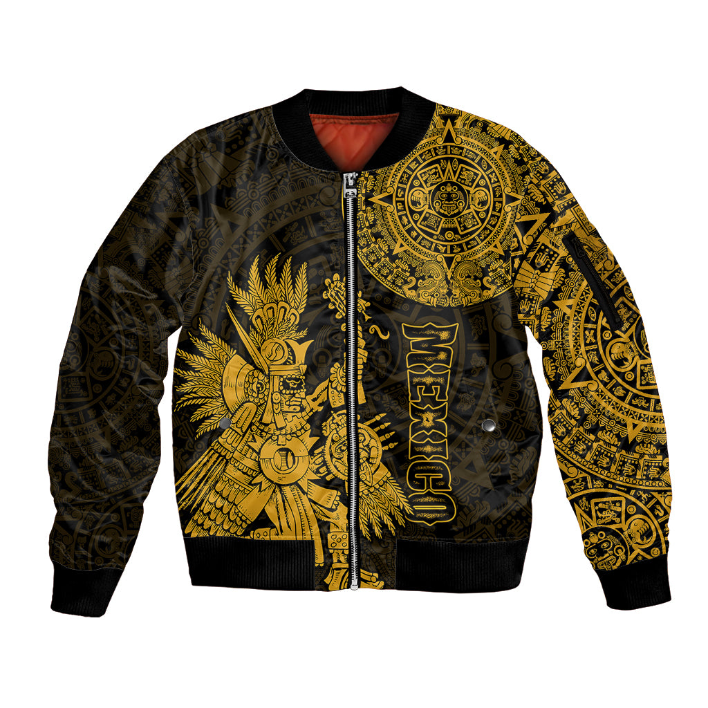 (Custom Personalised) Mexico Aztec Sleeve Zip Bomber Jacket El Calendario Maya Mix Huitzilopochtli Gold - Wonder Print Shop