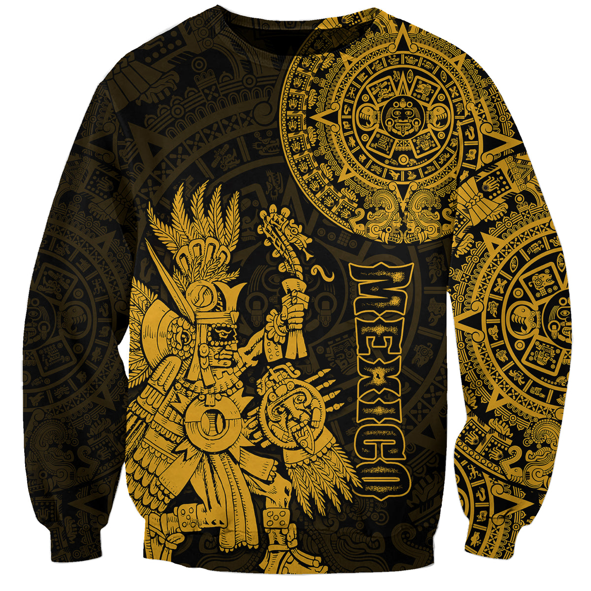 (Custom Personalised) Mexico Aztec Sweatshirt El Calendario Maya Mix Huitzilopochtli Gold - Wonder Print Shop