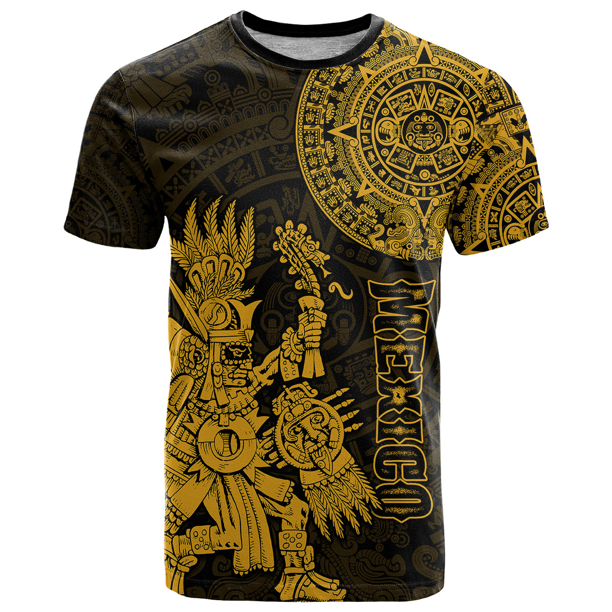 Custom Mexico Aztec T Shirt El Calendario Maya Mix Huitzilopochtli Gold - Wonder Print Shop