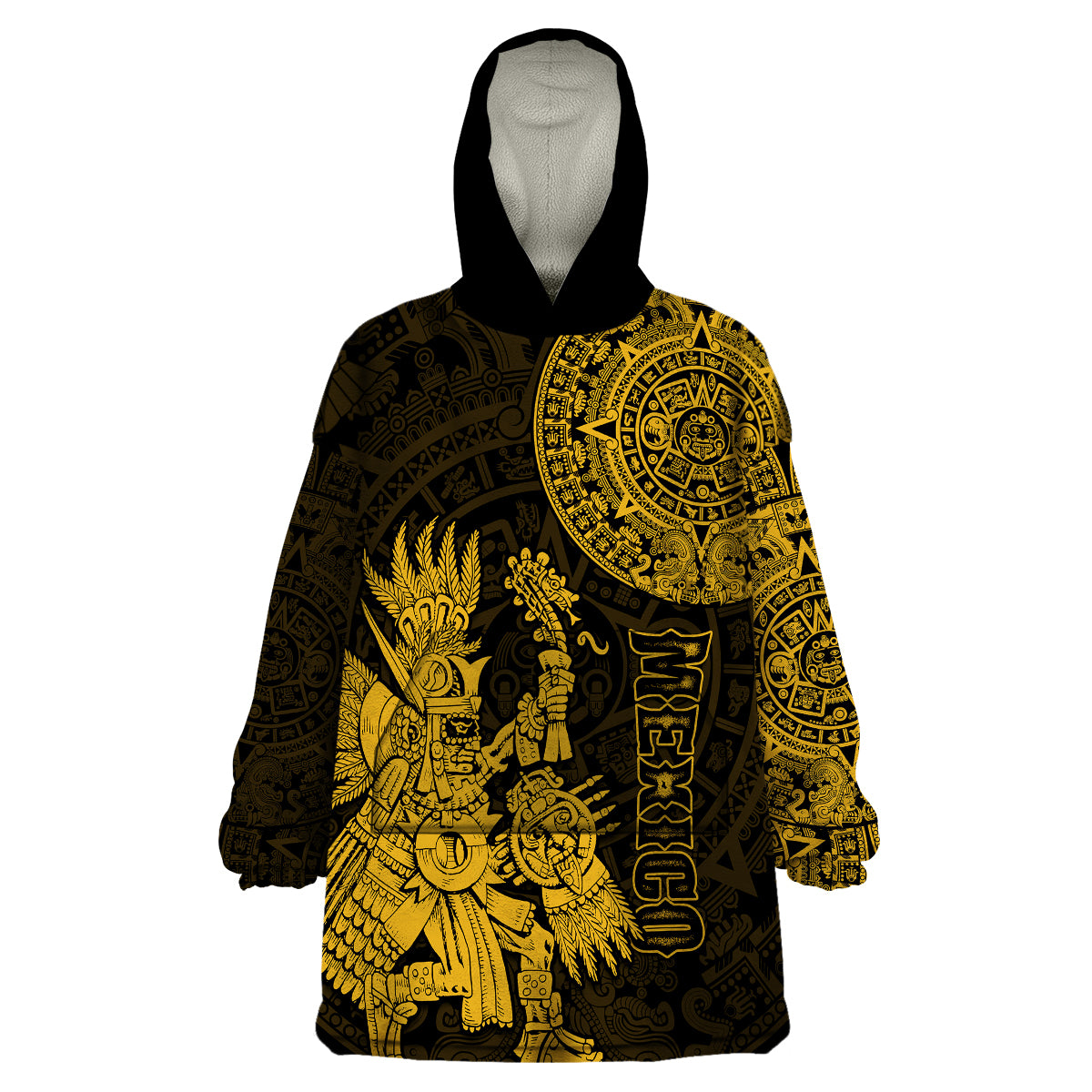 (Custom Personalised) Mexico Aztec Wearable Blanket Hoodie El Calendario Maya Mix Huitzilopochtli Gold - Wonder Print Shop
