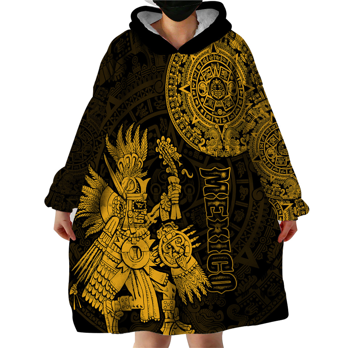 (Custom Personalised) Mexico Aztec Wearable Blanket Hoodie El Calendario Maya Mix Huitzilopochtli Gold - Wonder Print Shop