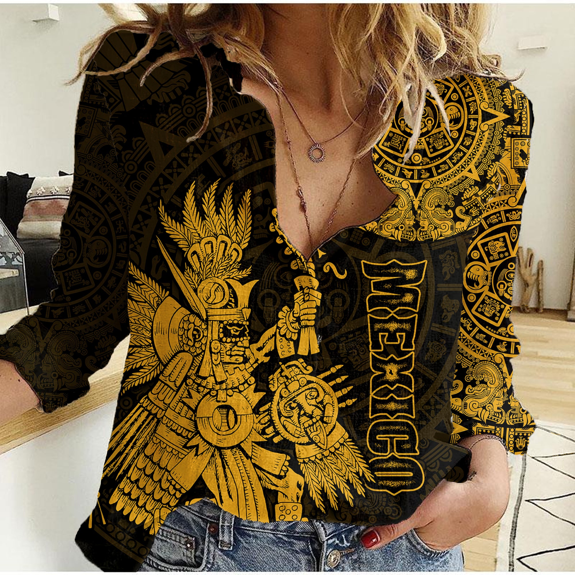 (Custom Personalised) Mexico Aztec Women Casual Shirt El Calendario Maya Mix Huitzilopochtli Gold - Wonder Print Shop