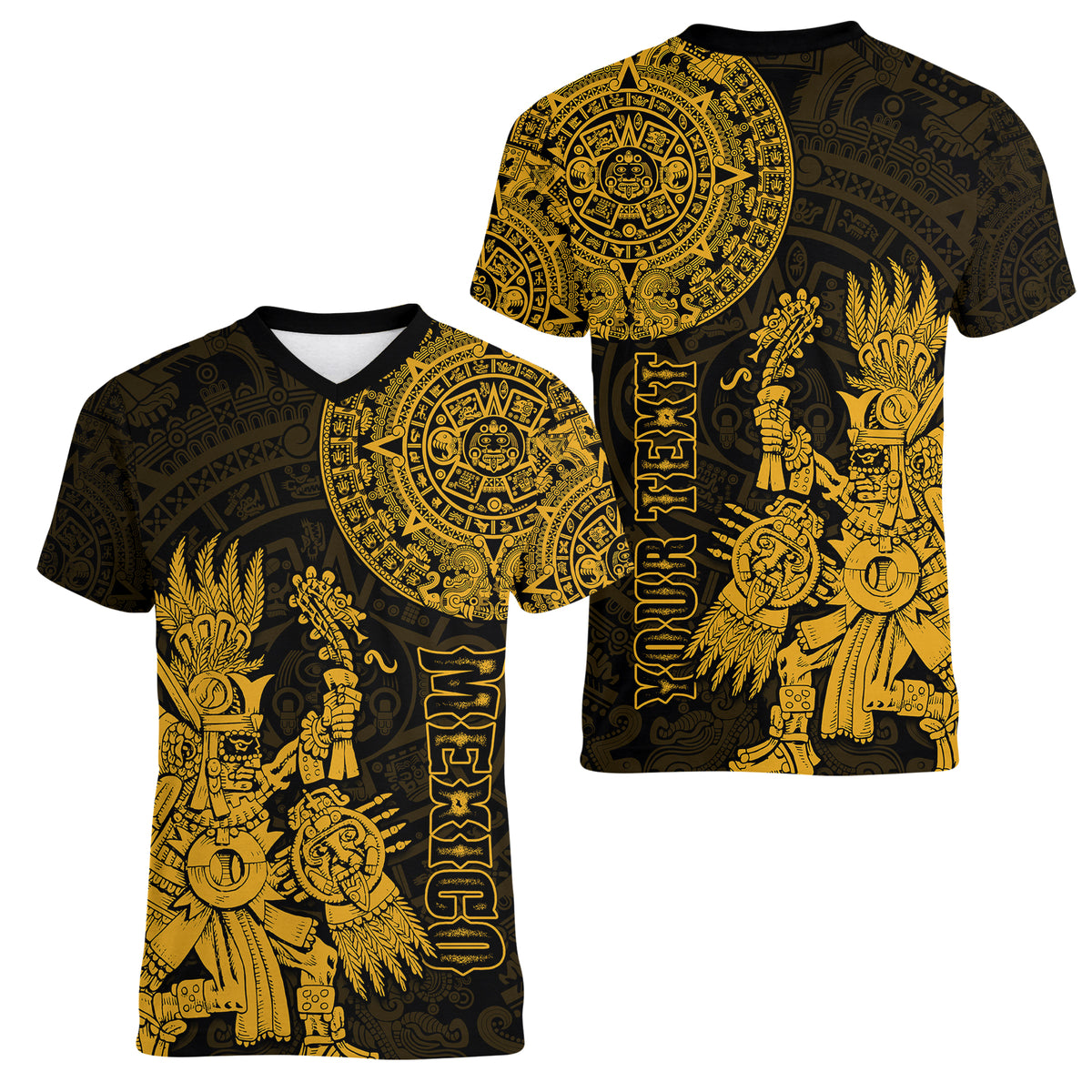(Custom Personalised) Mexico Aztec Women V Neck T Shirt El Calendario Maya Mix Huitzilopochtli Gold - Wonder Print Shop