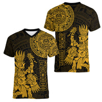 (Custom Personalised) Mexico Aztec Women V Neck T Shirt El Calendario Maya Mix Huitzilopochtli Gold - Wonder Print Shop