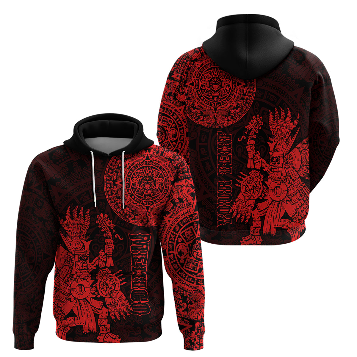 Custom Mexico Aztec Hoodie El Calendario Maya Mix Huitzilopochtli Red - Wonder Print Shop