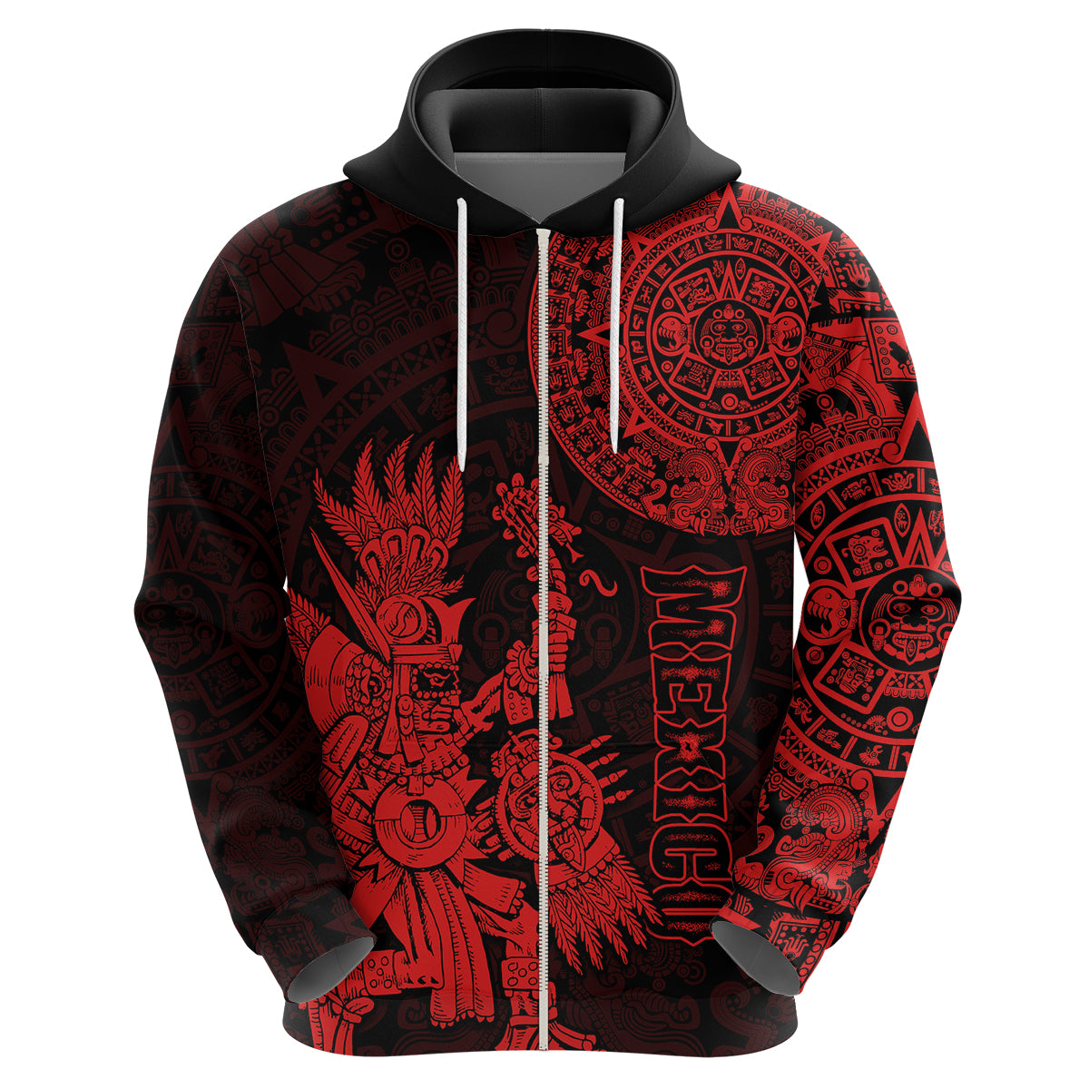 Custom Mexico Aztec Hoodie El Calendario Maya Mix Huitzilopochtli Red - Wonder Print Shop