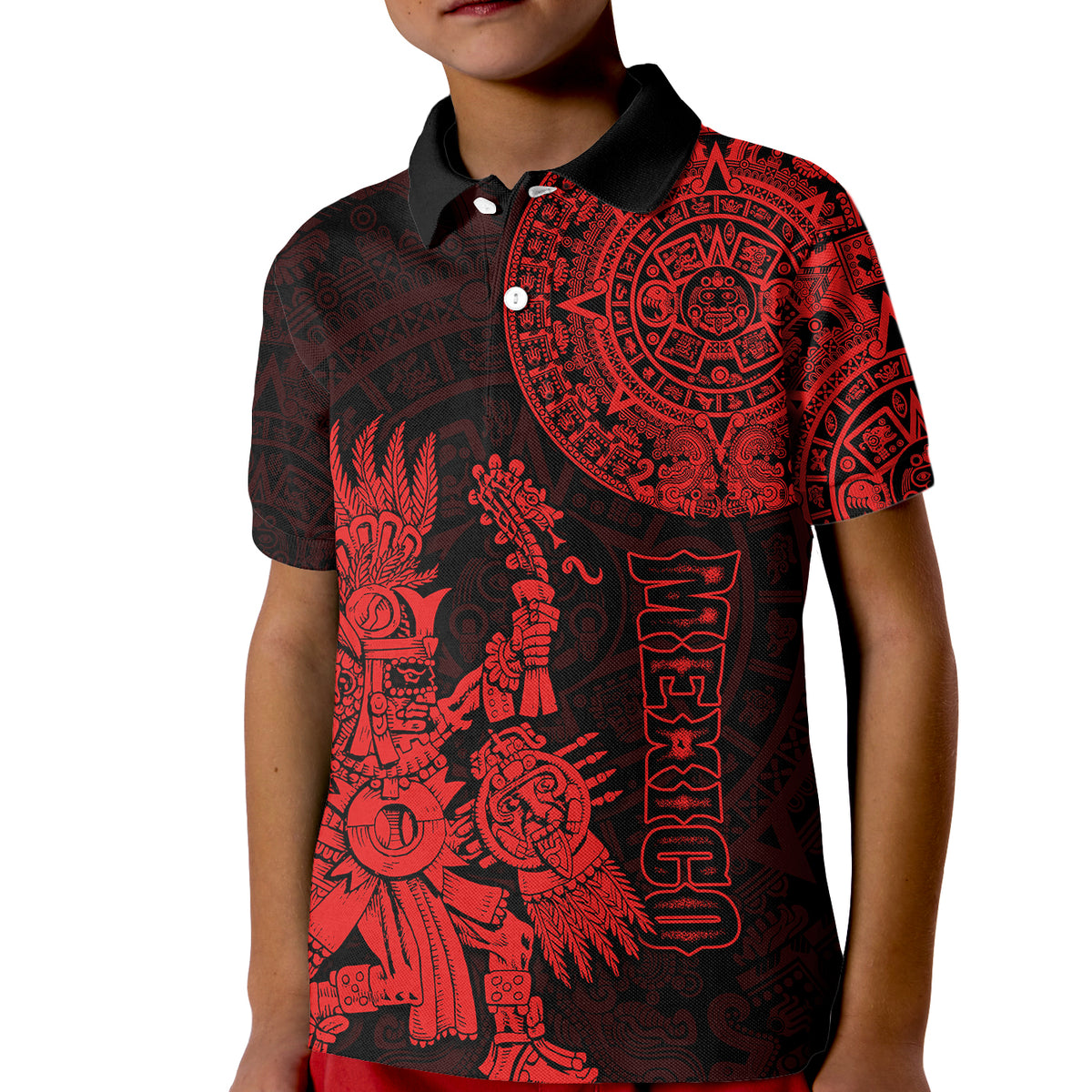 Custom Mexico Aztec Polo Shirt for Kid El Calendario Maya Mix Huitzilopochtli Red - Wonder Print Shop