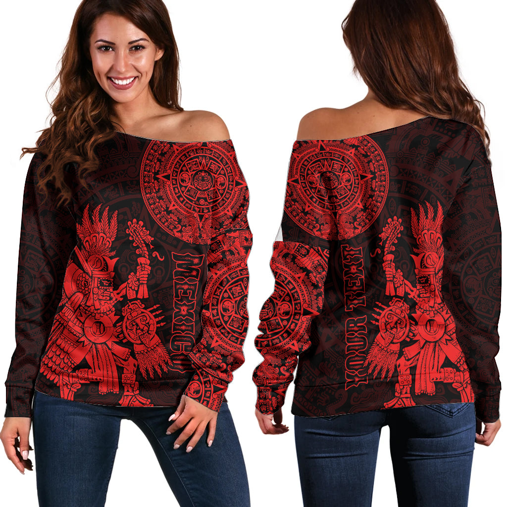 (Custom Personalised) Mexico Aztec Off Shoulder Sweater El Calendario Maya Mix Huitzilopochtli Red - Wonder Print Shop