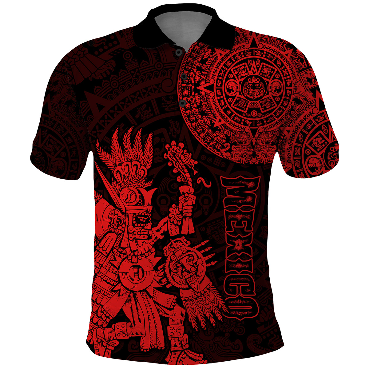 Custom Mexico Aztec Polo Shirt El Calendario Maya Mix Huitzilopochtli Red - Wonder Print Shop