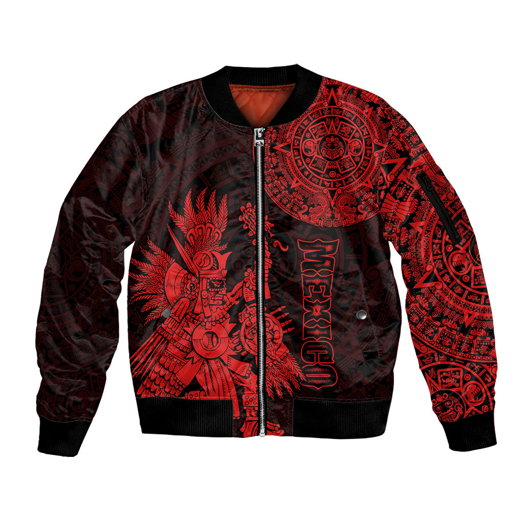 (Custom Personalised) Mexico Aztec Sleeve Zip Bomber Jacket El Calendario Maya Mix Huitzilopochtli Red - Wonder Print Shop