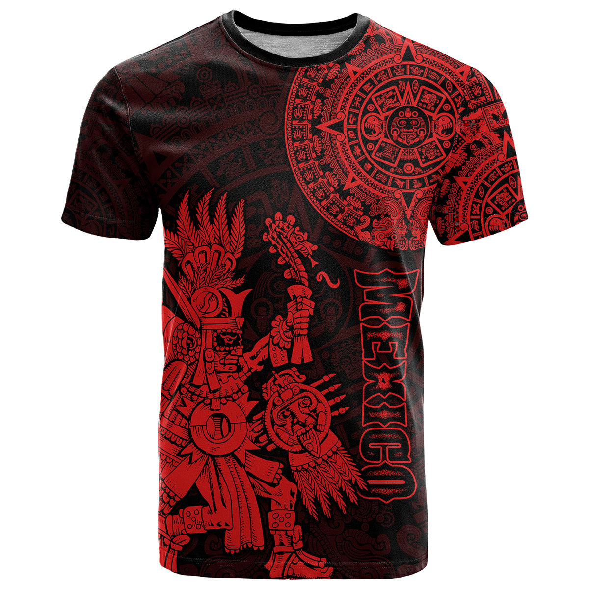 Custom Mexico Aztec T Shirt El Calendario Maya Mix Huitzilopochtli Red - Wonder Print Shop