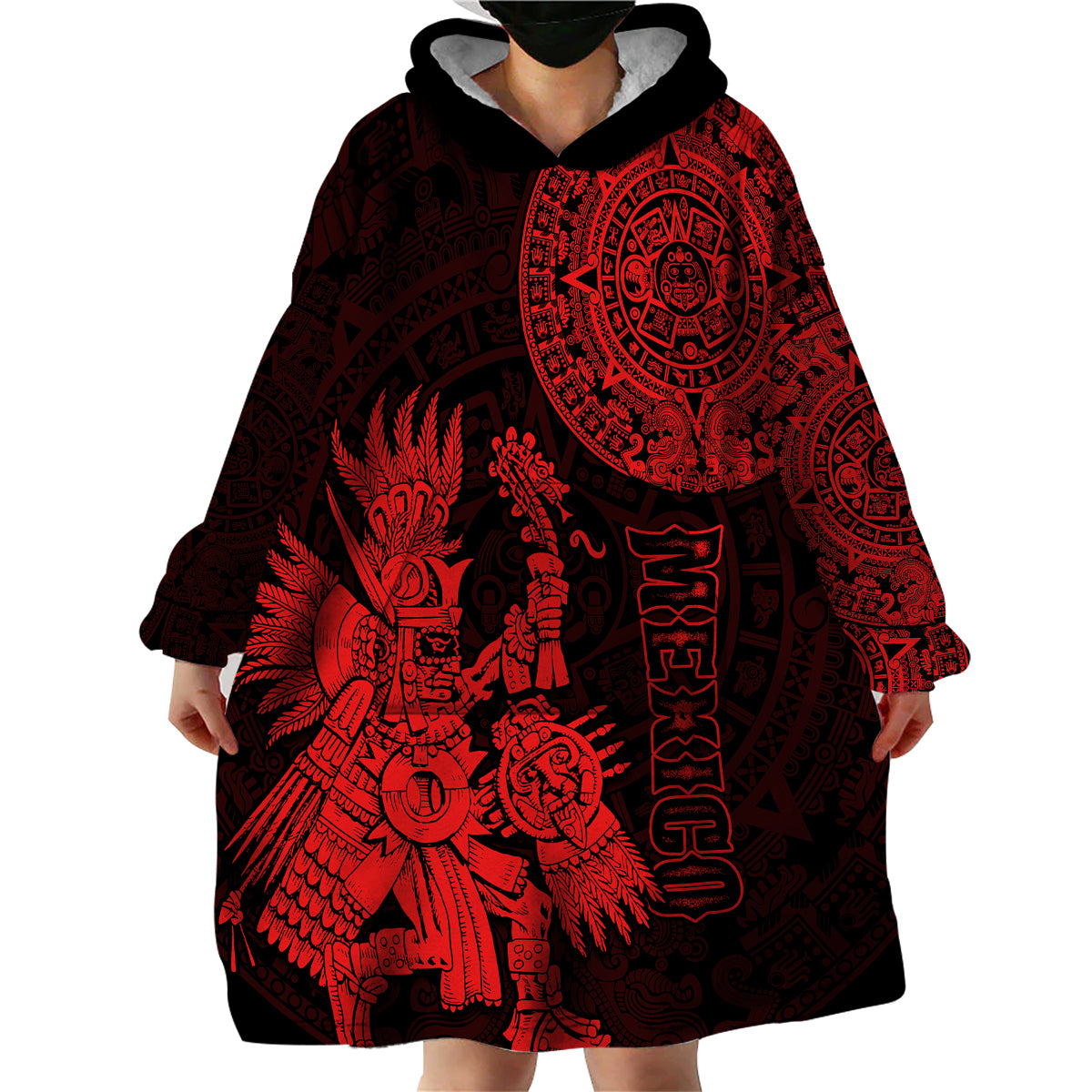 (Custom Personalised) Mexico Aztec Wearable Blanket Hoodie El Calendario Maya Mix Huitzilopochtli Red - Wonder Print Shop