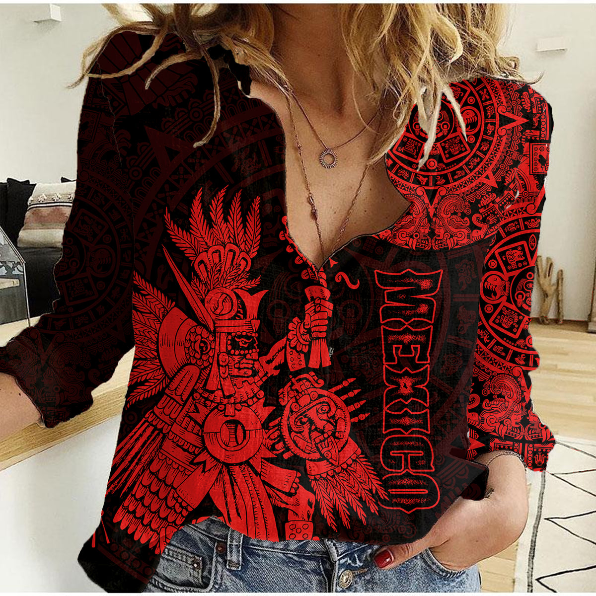 (Custom Personalised) Mexico Aztec Women Casual Shirt El Calendario Maya Mix Huitzilopochtli Red - Wonder Print Shop