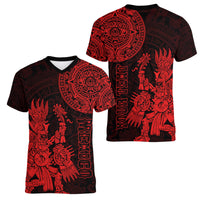 (Custom Personalised) Mexico Aztec Women V Neck T Shirt El Calendario Maya Mix Huitzilopochtli Red - Wonder Print Shop