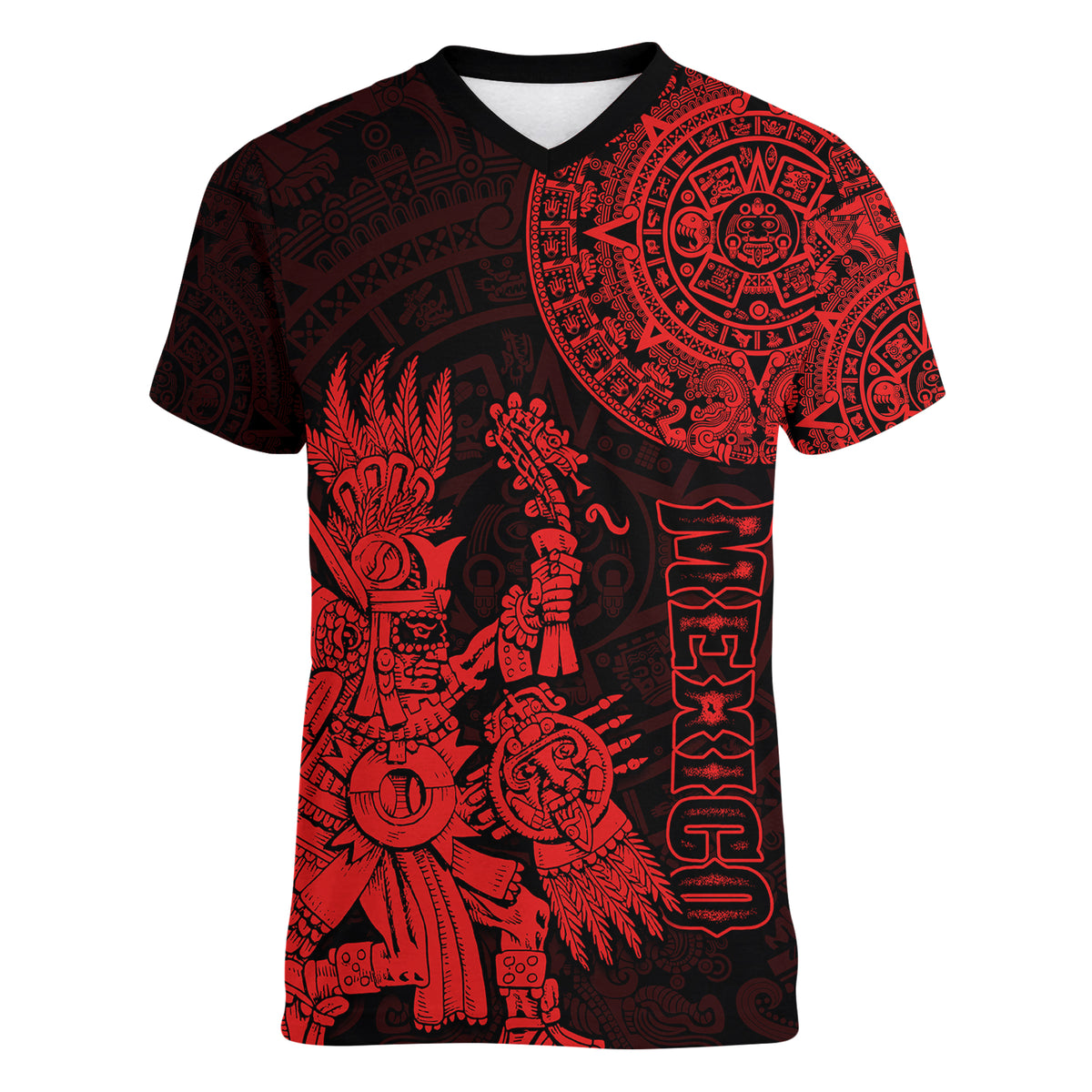 (Custom Personalised) Mexico Aztec Women V Neck T Shirt El Calendario Maya Mix Huitzilopochtli Red - Wonder Print Shop