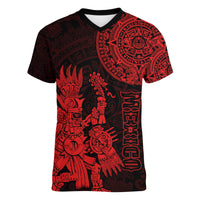(Custom Personalised) Mexico Aztec Women V Neck T Shirt El Calendario Maya Mix Huitzilopochtli Red - Wonder Print Shop