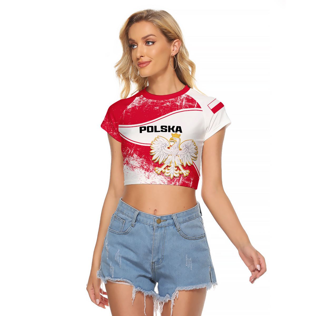 (Custom Personalised) Poland Constitution Day Raglan Cropped T Shirt Coat Of Arms Grunge Style - Wonder Print Shop