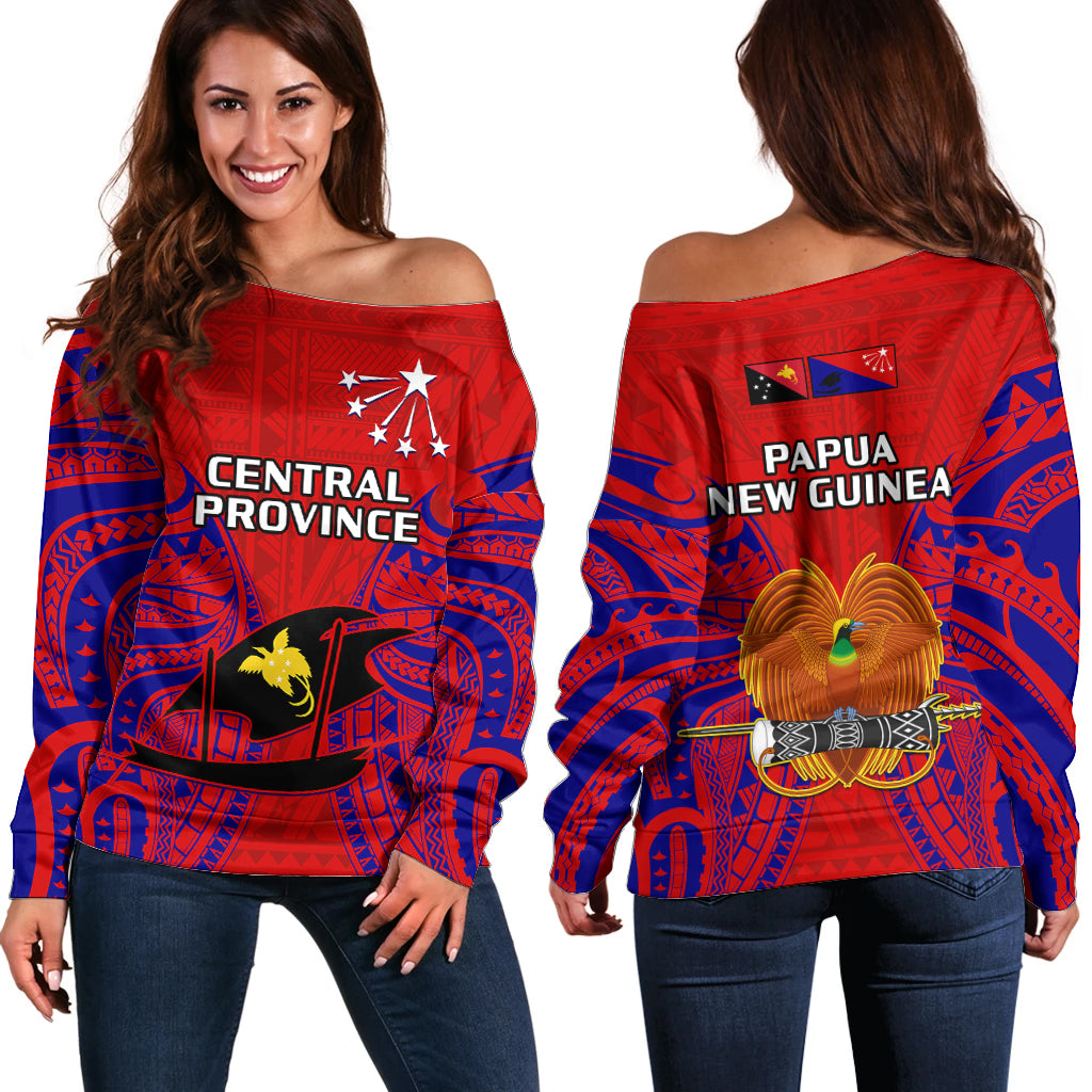 Papua New Guinea Off Shoulder Sweater Central Province Mix Coat Of Arms Polynesian Art - Wonder Print Shop