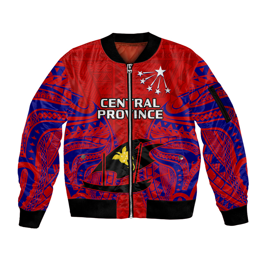 Papua New Guinea Sleeve Zip Bomber Jacket Central Province Mix Coat Of Arms Polynesian Art - Wonder Print Shop