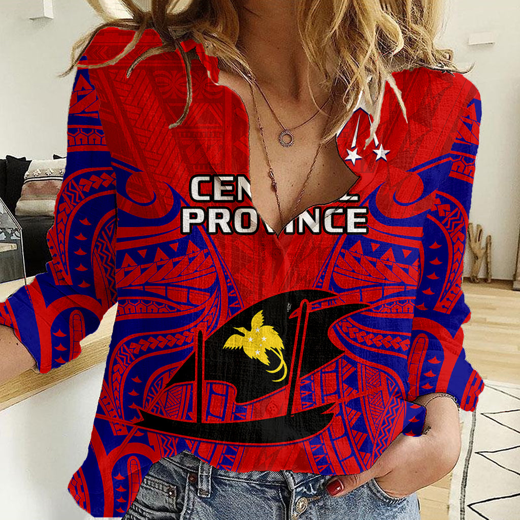 Papua New Guinea Women Casual Shirt Central Province Mix Coat Of Arms Polynesian Art - Wonder Print Shop