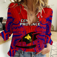 Papua New Guinea Women Casual Shirt Central Province Mix Coat Of Arms Polynesian Art - Wonder Print Shop