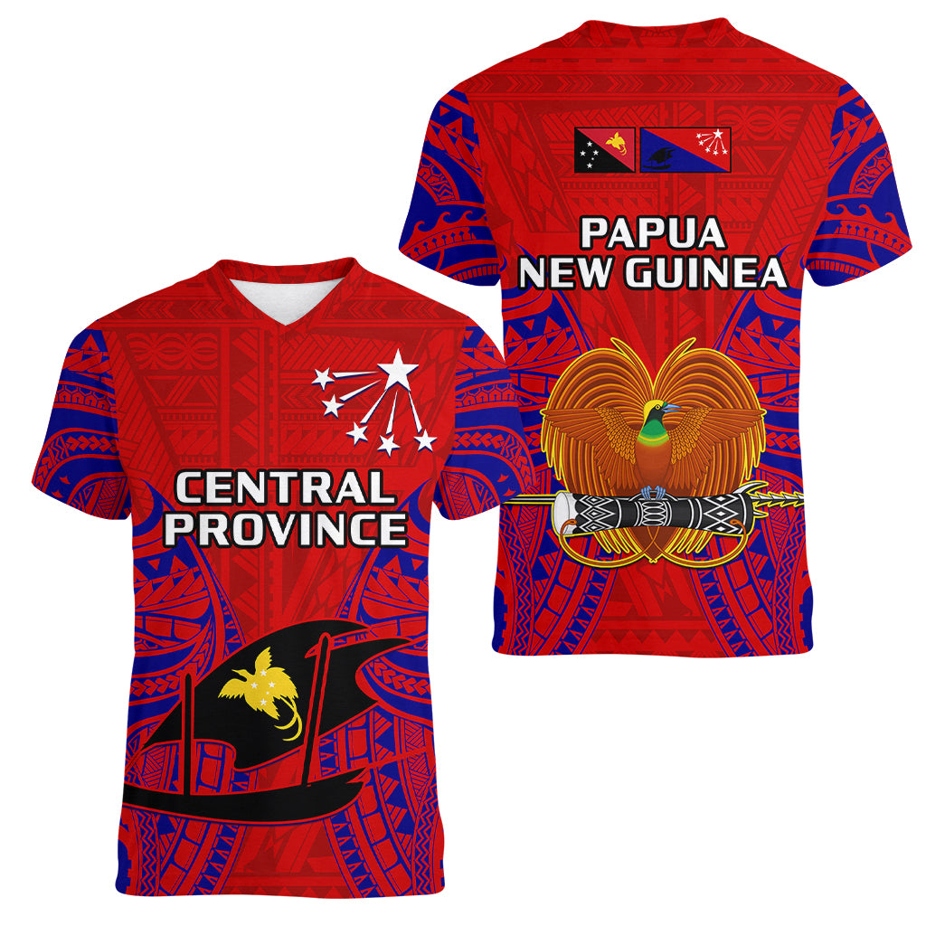 Papua New Guinea Women V Neck T Shirt Central Province Mix Coat Of Arms Polynesian Art - Wonder Print Shop