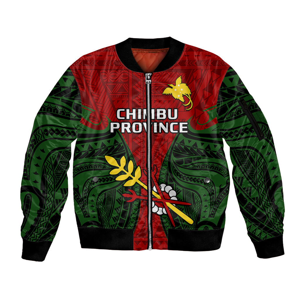 Papua New Guinea Sleeve Zip Bomber Jacket Chimbu Province Mix Coat Of Arms Polynesian Art - Wonder Print Shop