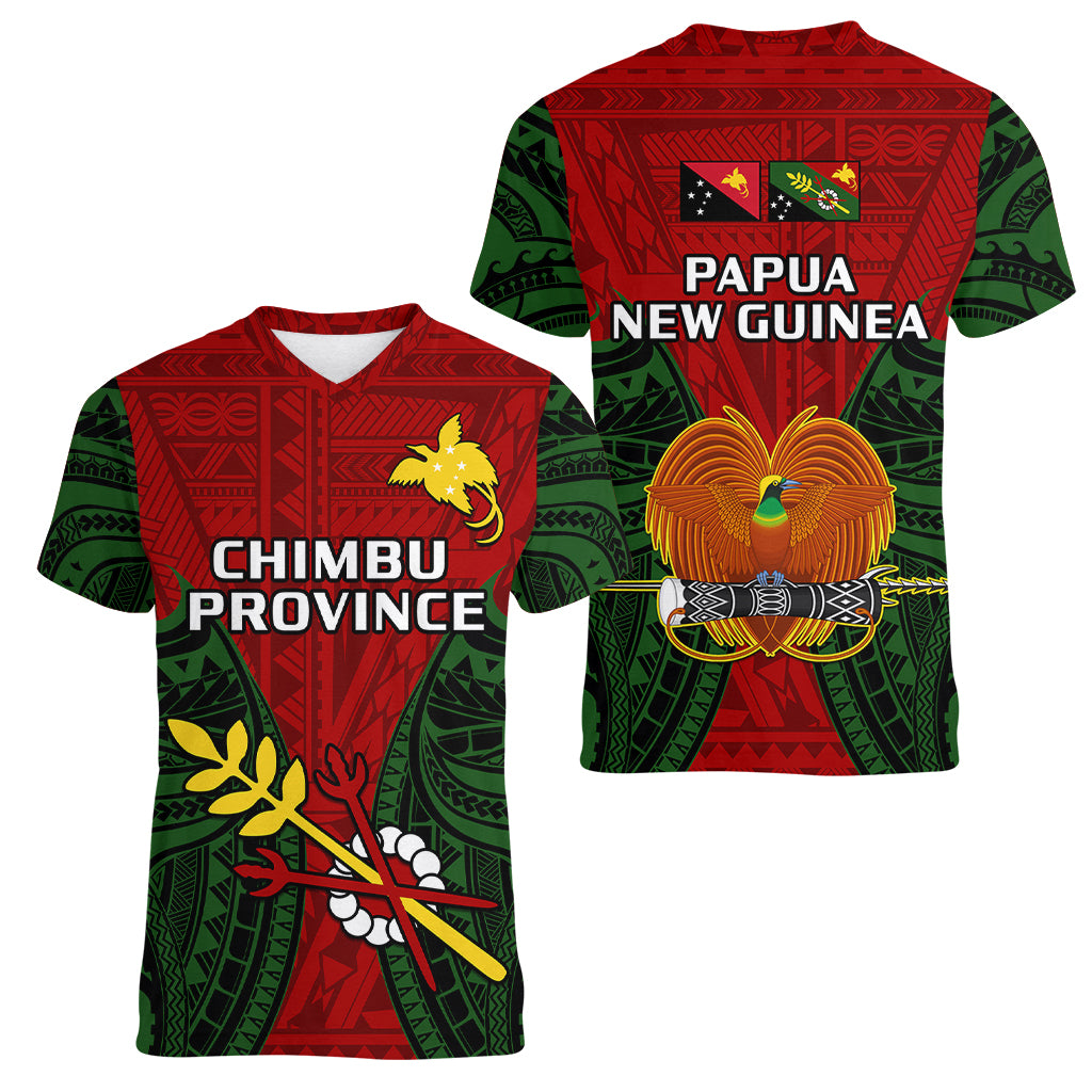 Papua New Guinea Women V Neck T Shirt Chimbu Province Mix Coat Of Arms Polynesian Art - Wonder Print Shop