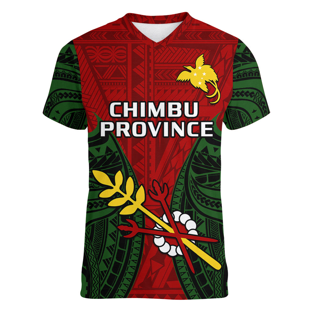 (Custom Personalised) Papua New Guinea Women V Neck T Shirt Chimbu Province Mix Coat Of Arms Polynesian Art - Wonder Print Shop