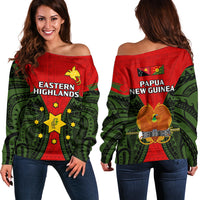 Papua New Guinea Off Shoulder Sweater Eastern Highlands Province Mix Coat Of Arms Polynesian Art - Wonder Print Shop