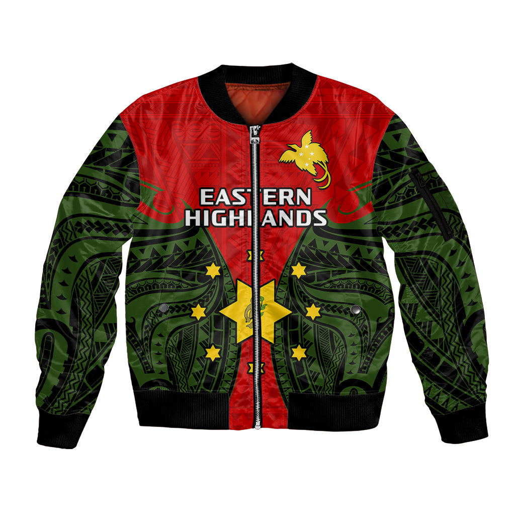Papua New Guinea Sleeve Zip Bomber Jacket Eastern Highlands Province Mix Coat Of Arms Polynesian Art - Wonder Print Shop