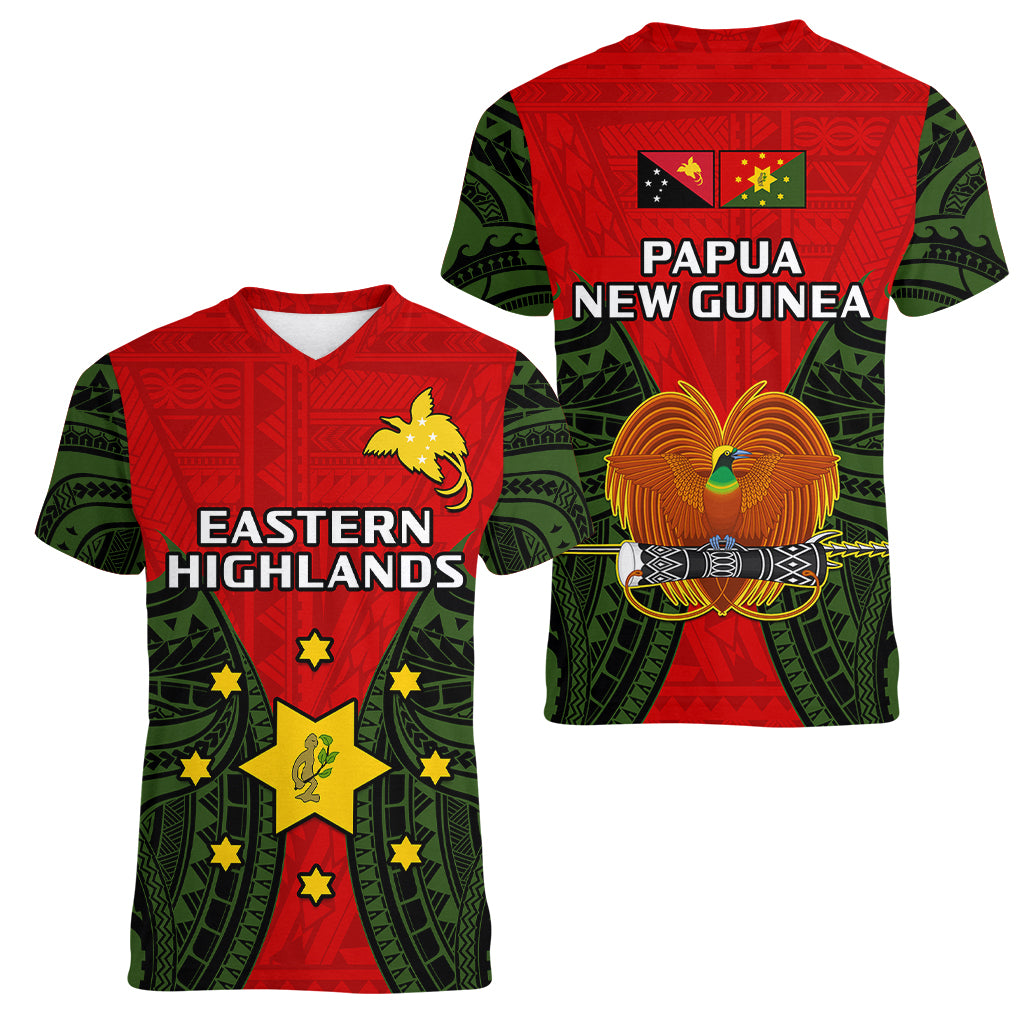 Papua New Guinea Women V Neck T Shirt Eastern Highlands Province Mix Coat Of Arms Polynesian Art - Wonder Print Shop