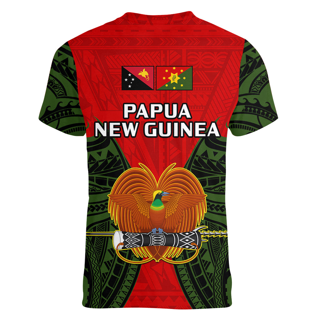 Papua New Guinea Women V Neck T Shirt Eastern Highlands Province Mix Coat Of Arms Polynesian Art - Wonder Print Shop