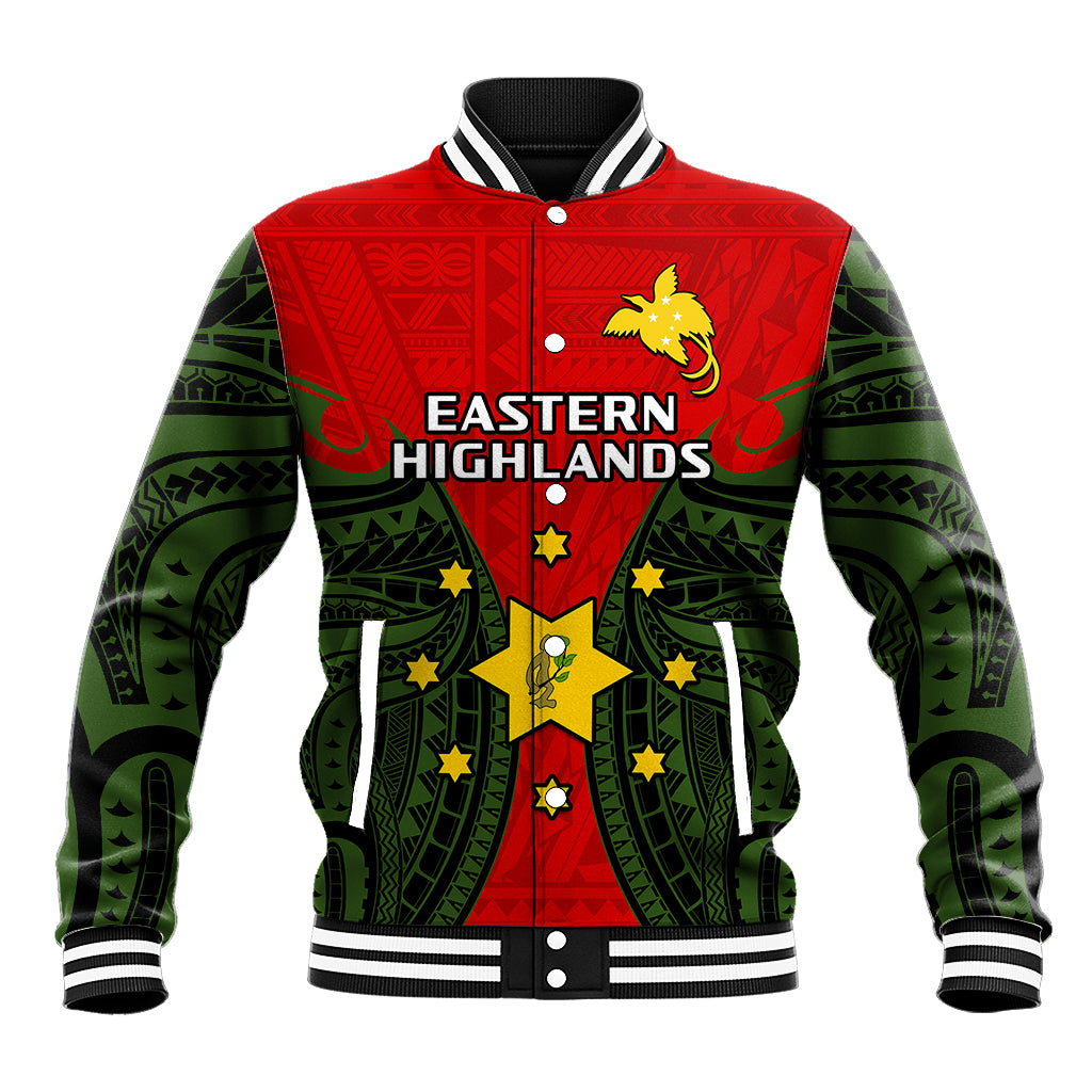 (Custom Personalised) Papua New Guinea Baseball Jacket Eastern Highlands Province Mix Coat Of Arms Polynesian Art - Wonder Print Shop