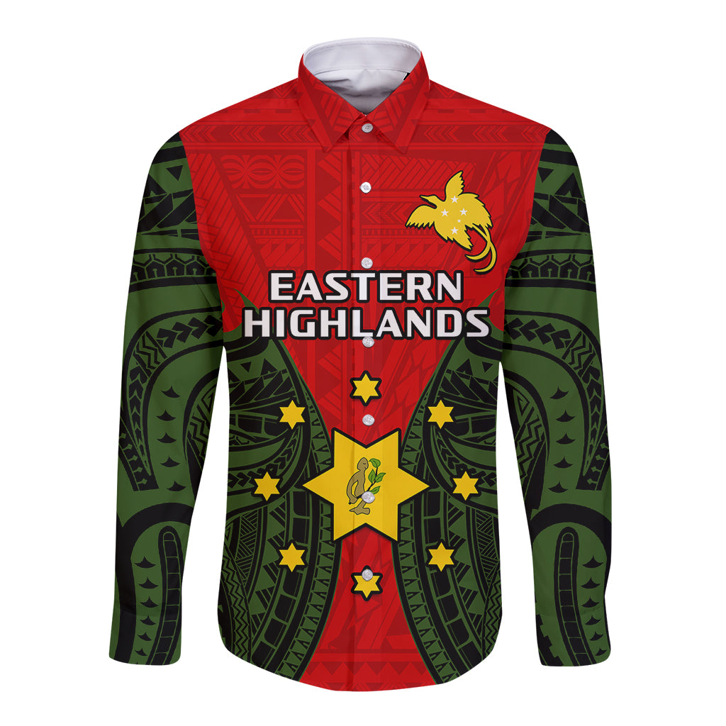 (Custom Personalised) Papua New Guinea Long Sleeve Button Shirt Eastern Highlands Province Mix Coat Of Arms Polynesian Art - Wonder Print Shop
