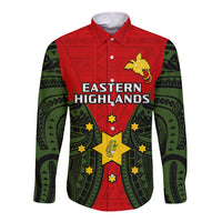 (Custom Personalised) Papua New Guinea Long Sleeve Button Shirt Eastern Highlands Province Mix Coat Of Arms Polynesian Art - Wonder Print Shop