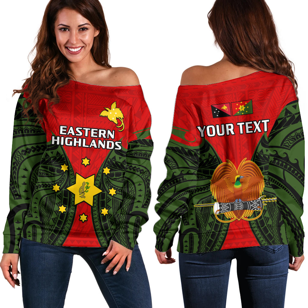 (Custom Personalised) Papua New Guinea Off Shoulder Sweater Eastern Highlands Province Mix Coat Of Arms Polynesian Art - Wonder Print Shop