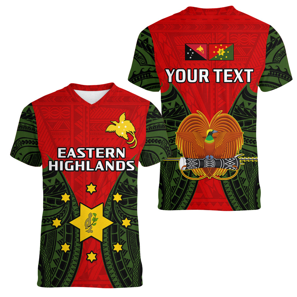 (Custom Personalised) Papua New Guinea Women V Neck T Shirt Eastern Highlands Province Mix Coat Of Arms Polynesian Art - Wonder Print Shop