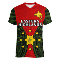 (Custom Personalised) Papua New Guinea Women V Neck T Shirt Eastern Highlands Province Mix Coat Of Arms Polynesian Art - Wonder Print Shop