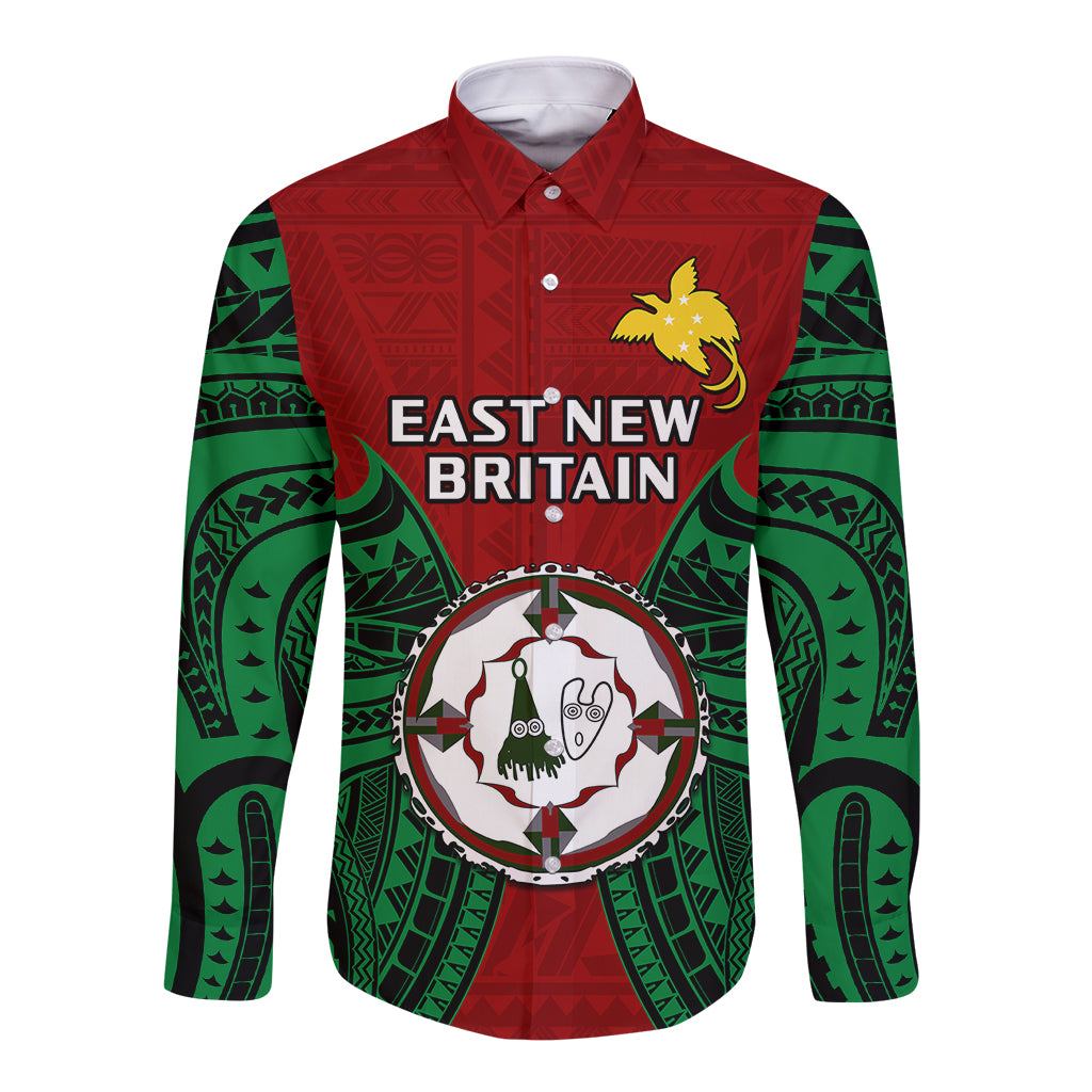 Papua New Guinea Long Sleeve Button Shirt East New Britain Province Mix Coat Of Arms Polynesian Art - Wonder Print Shop