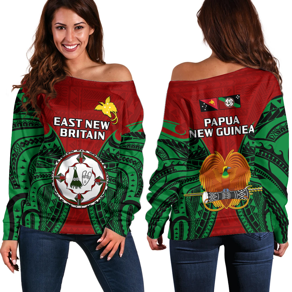 Papua New Guinea Off Shoulder Sweater East New Britain Province Mix Coat Of Arms Polynesian Art - Wonder Print Shop