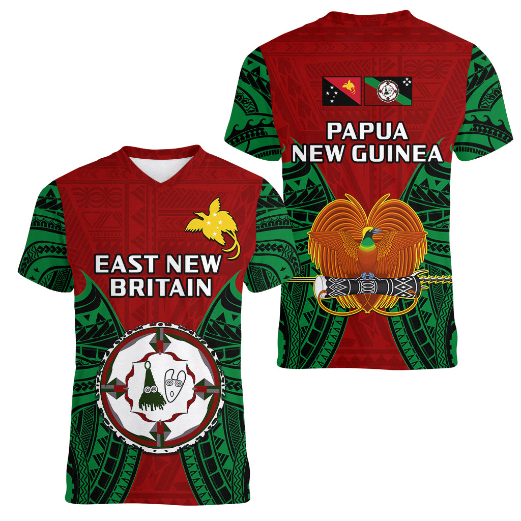 Papua New Guinea Women V Neck T Shirt East New Britain Province Mix Coat Of Arms Polynesian Art - Wonder Print Shop