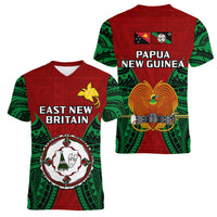 Papua New Guinea Women V Neck T Shirt East New Britain Province Mix Coat Of Arms Polynesian Art - Wonder Print Shop