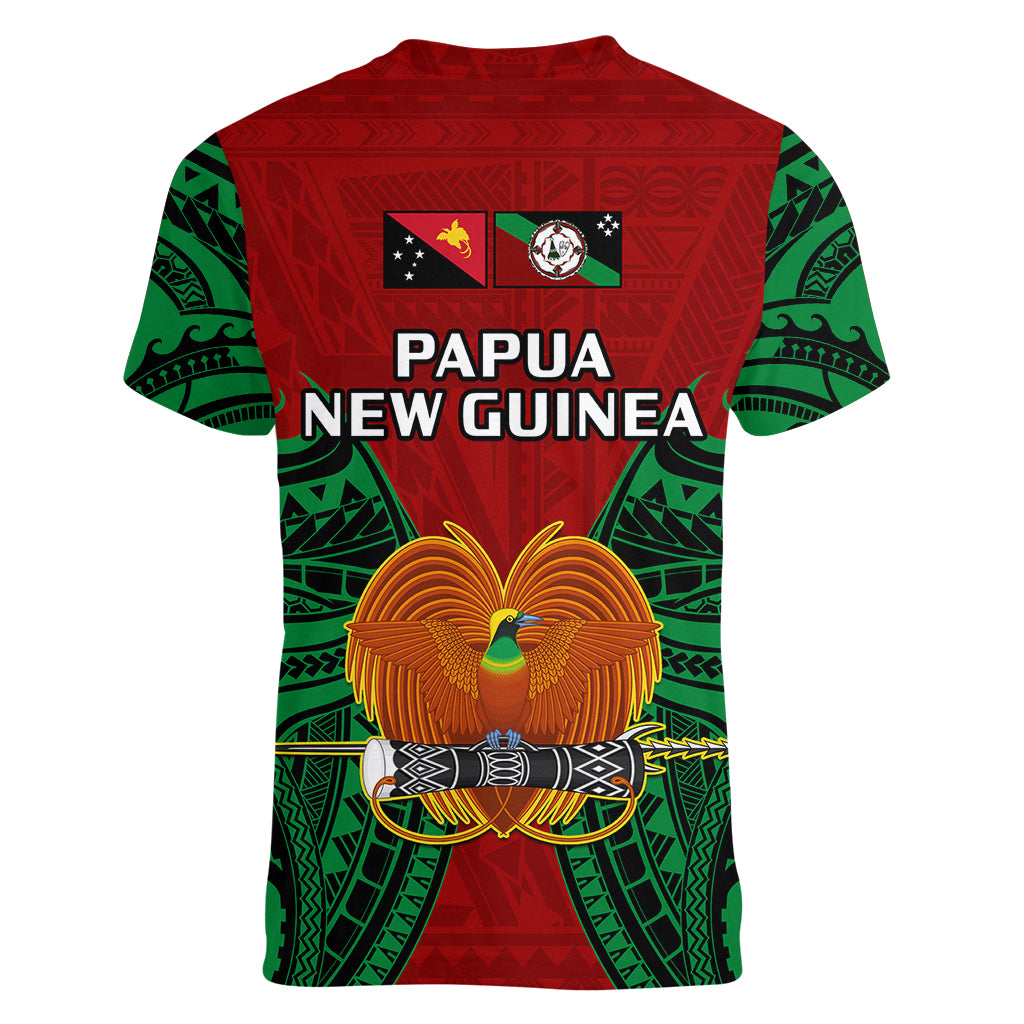 Papua New Guinea Women V Neck T Shirt East New Britain Province Mix Coat Of Arms Polynesian Art - Wonder Print Shop