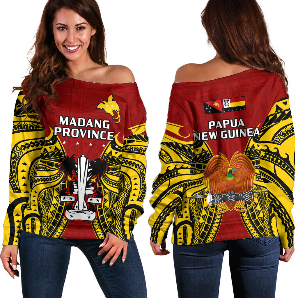 Papua New Guinea Off Shoulder Sweater Madang Province Mix Coat Of Arms Polynesian Art - Wonder Print Shop